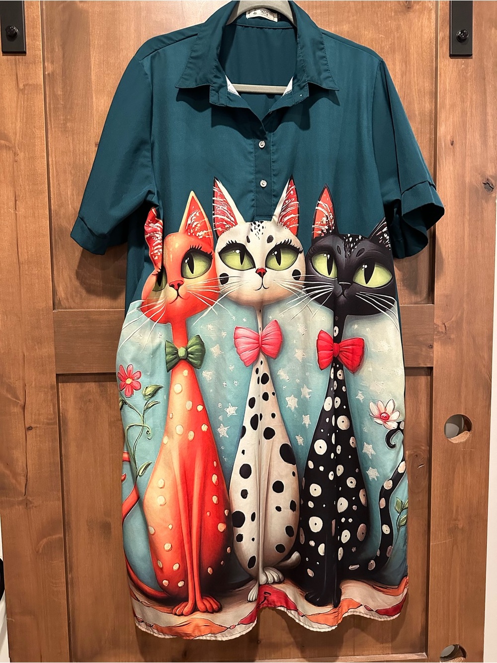 Women Teal Cat Print Dress - can fit up to 2XL